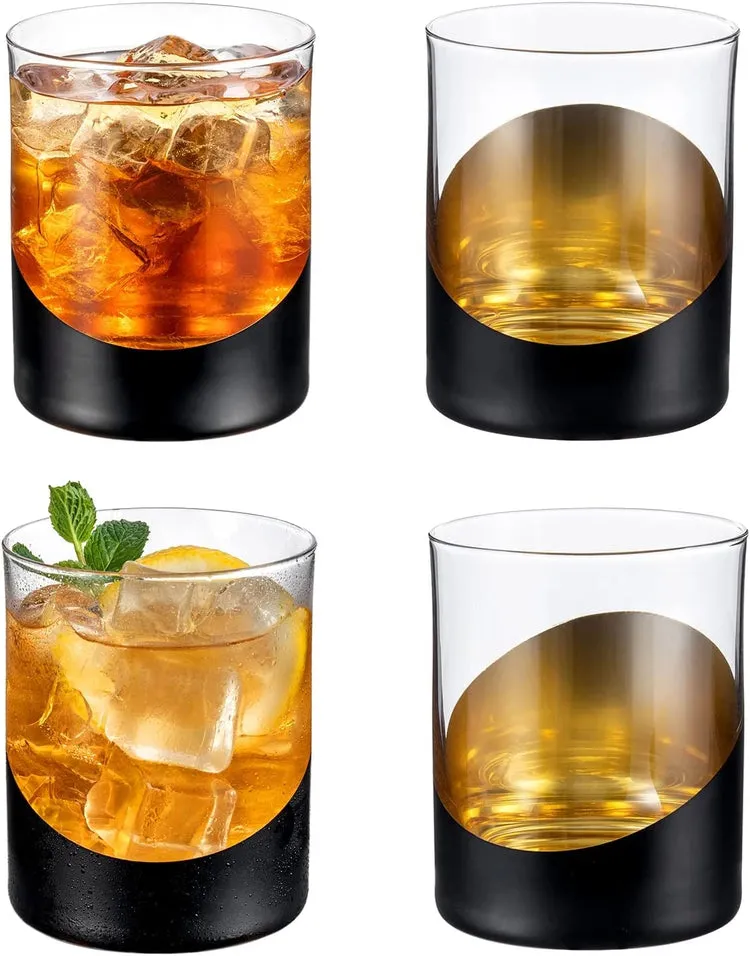 12 oz Matte Black and Gold Designer Cocktail Glasses, Double Old Fashioned Lowball Whiskey Drinking Glass, Set of 4