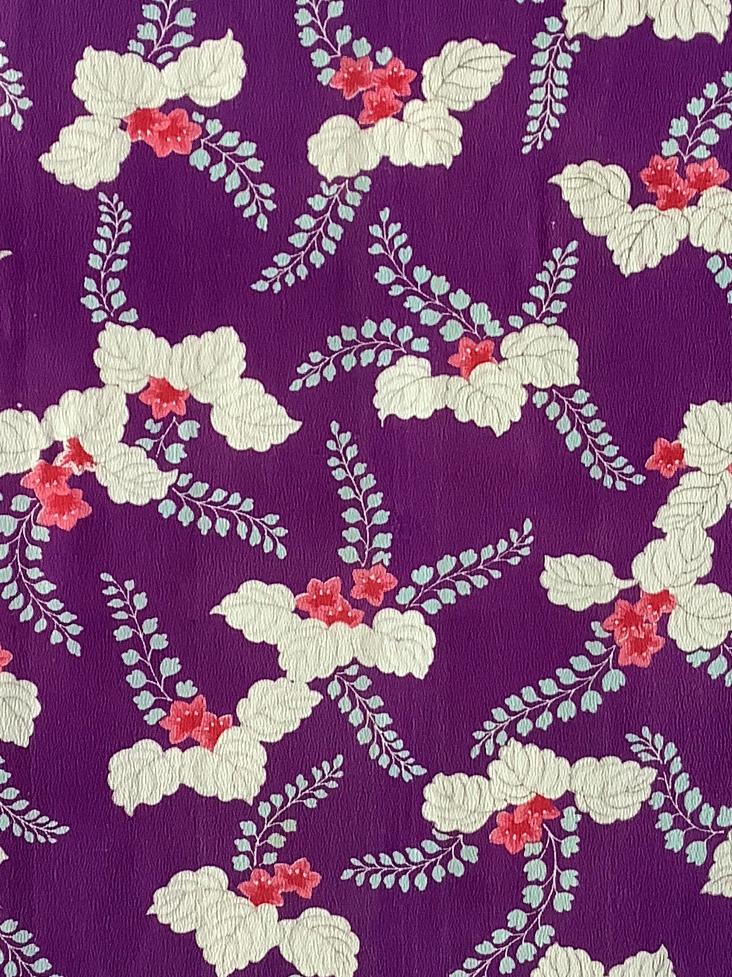 7468: 1950s-60s Japanese Vintage Kimono Silk Fabric, Aoi Flowers,45in. Pc.