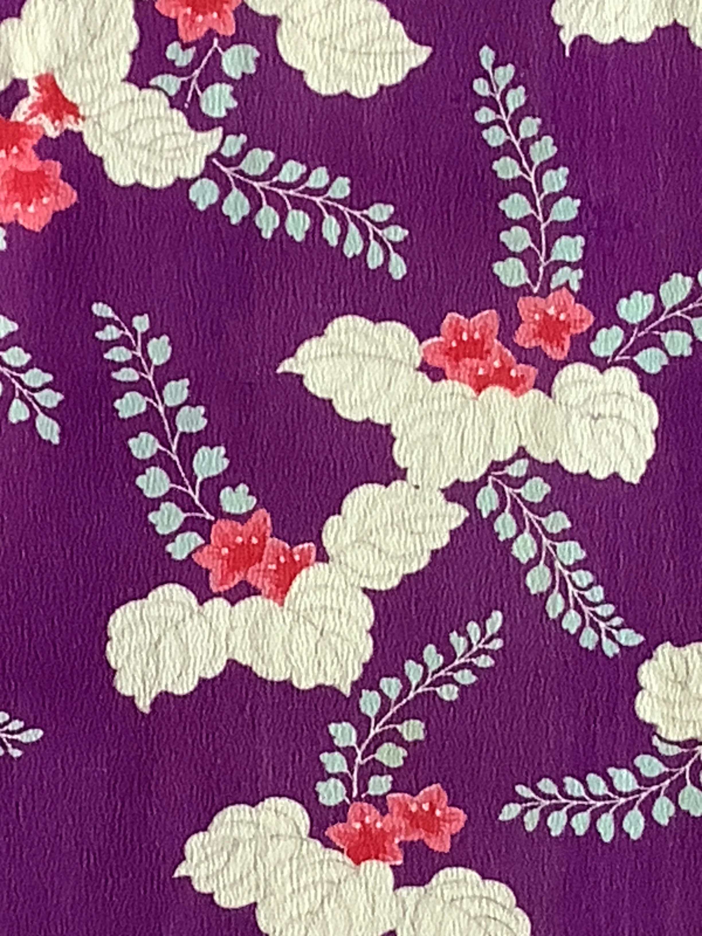 7468: 1950s-60s Japanese Vintage Kimono Silk Fabric, Aoi Flowers,45in. Pc.