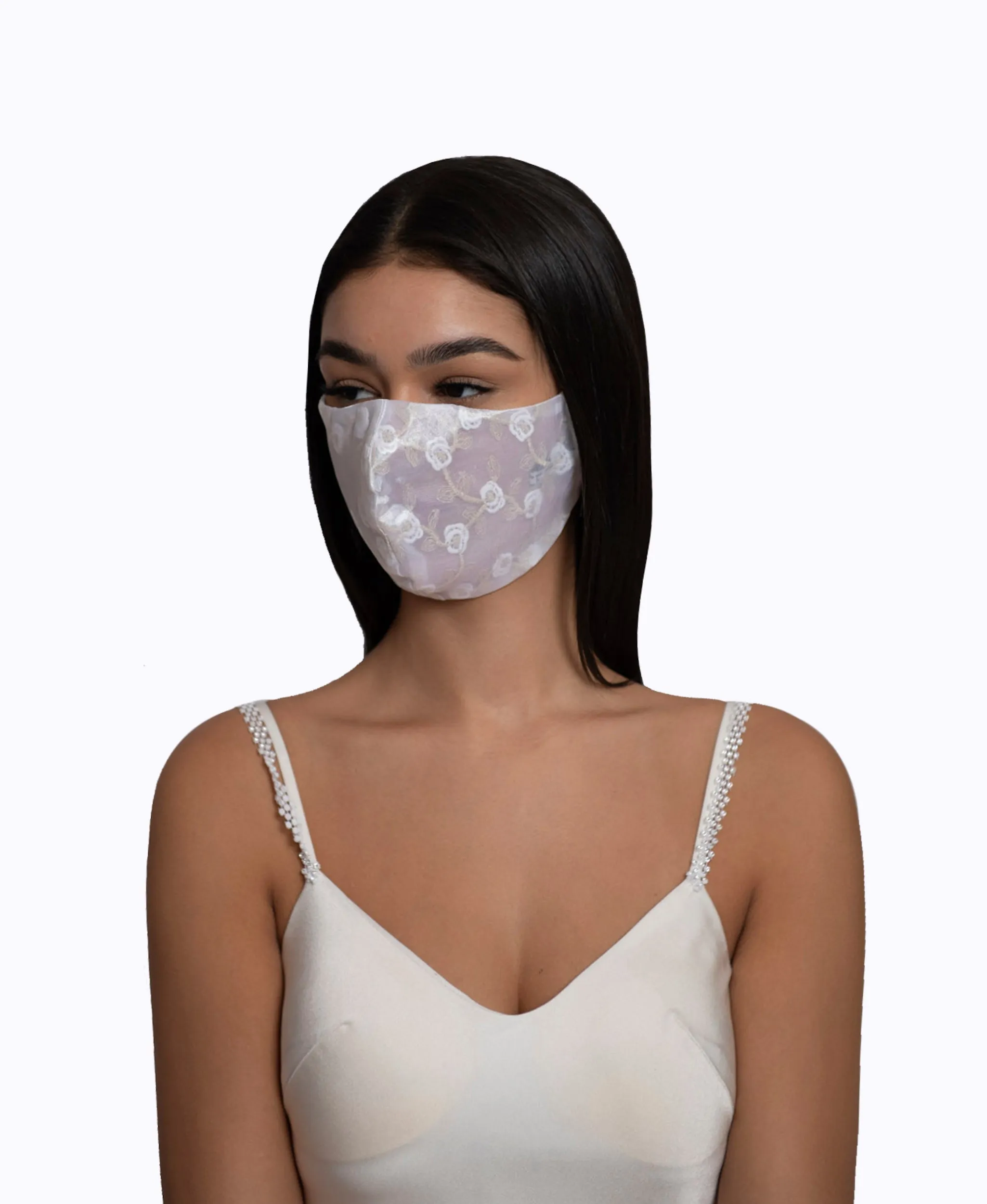 Adjustable White Lace Encased Super Lightweight Organza Mask