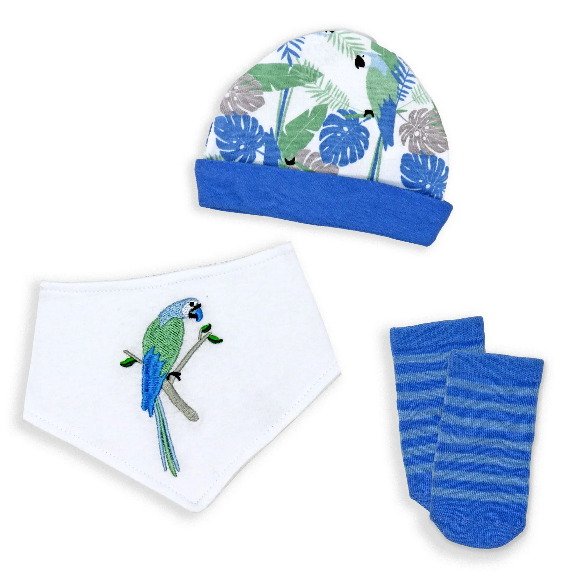 Baby's Cap, Bib and Socks Set - Parrot