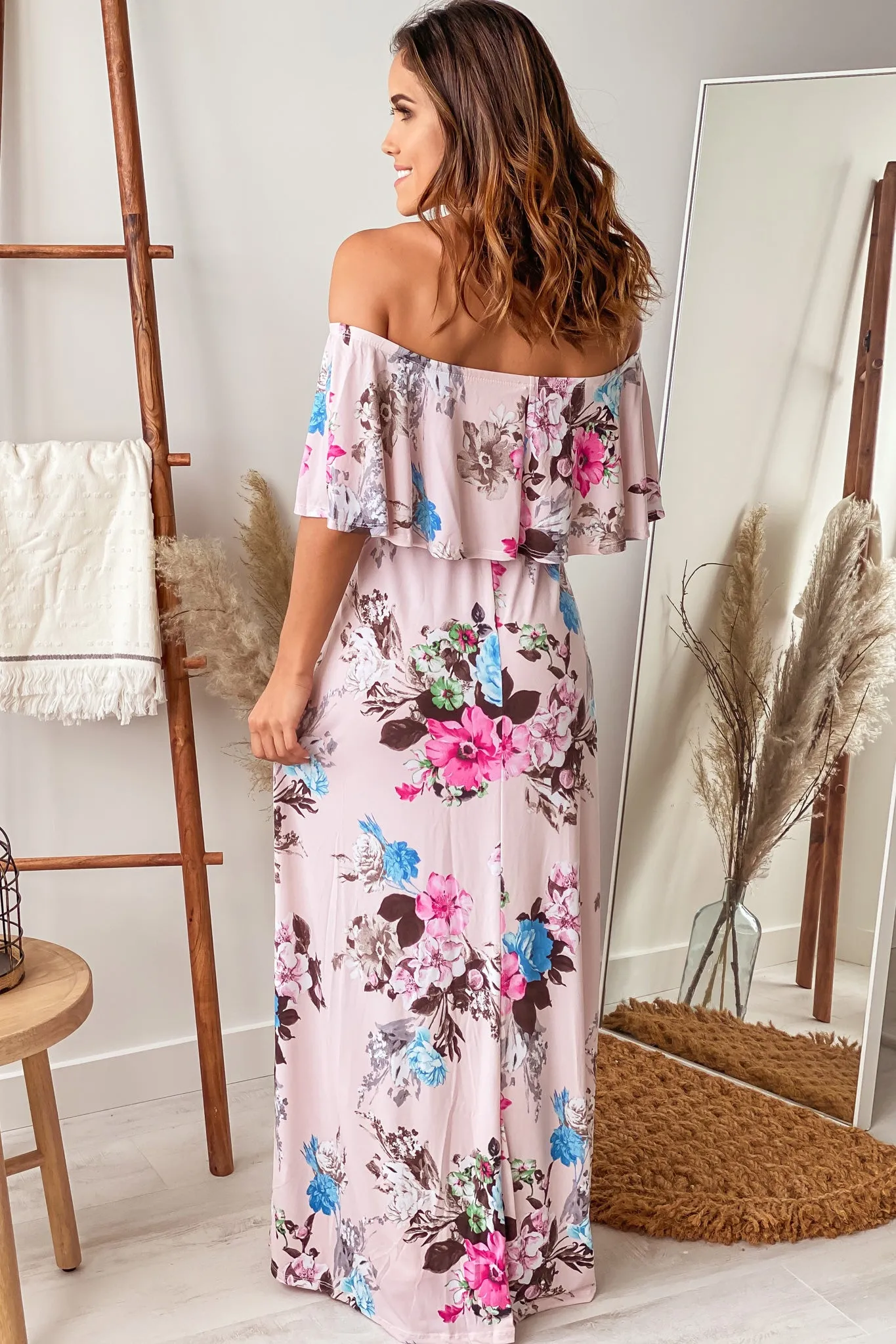 Blush Floral Off Shoulder Maternity Maxi Dress