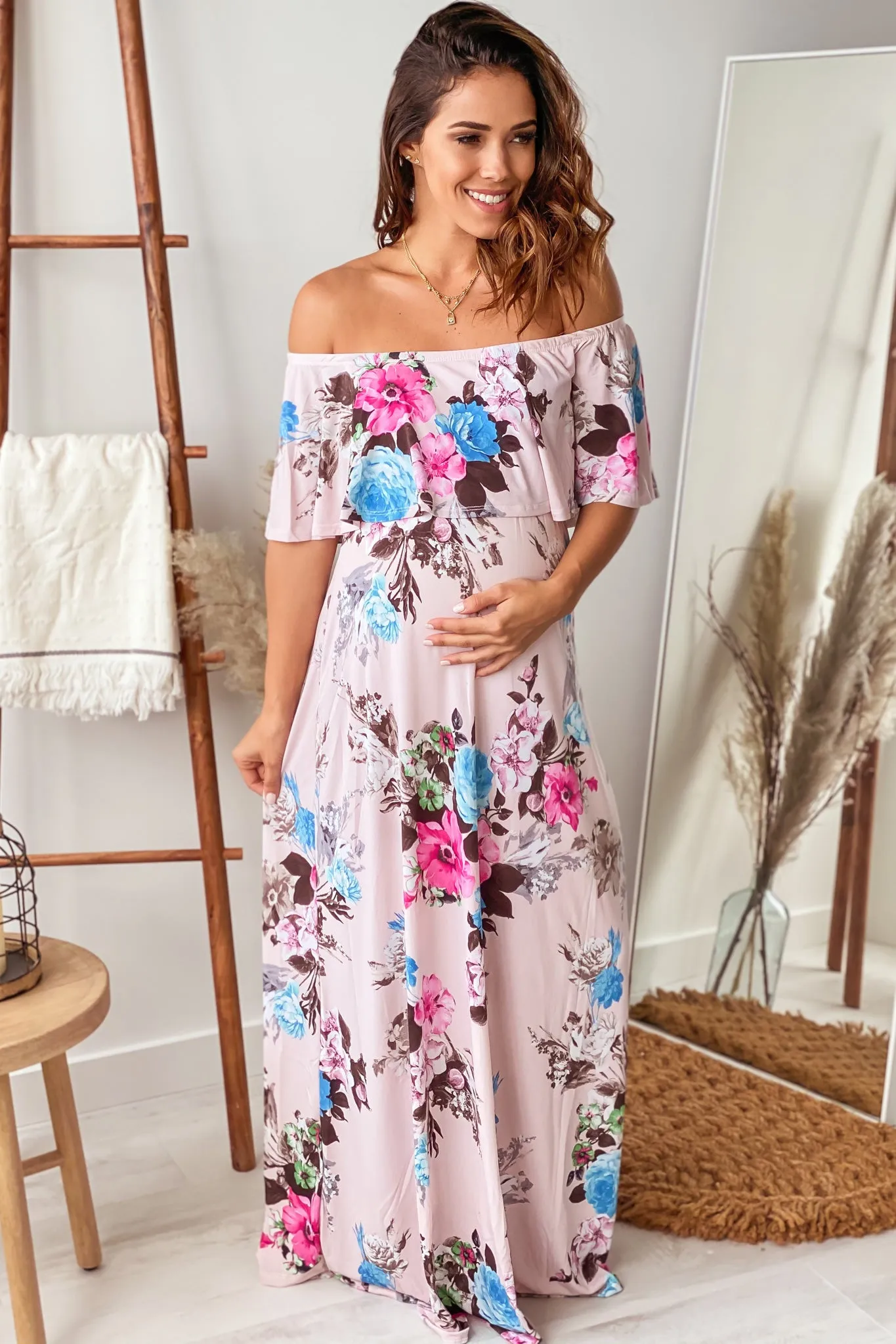 Blush Floral Off Shoulder Maternity Maxi Dress