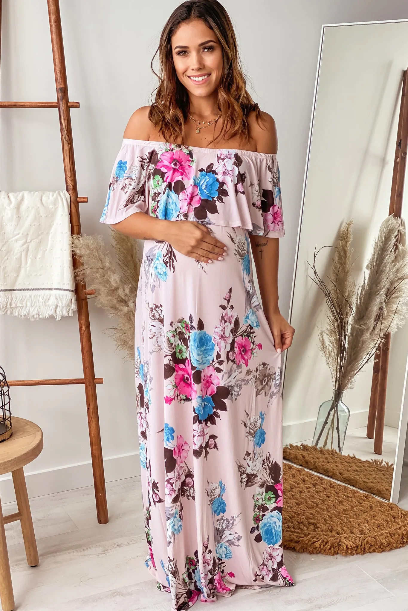 Blush Floral Off Shoulder Maternity Maxi Dress