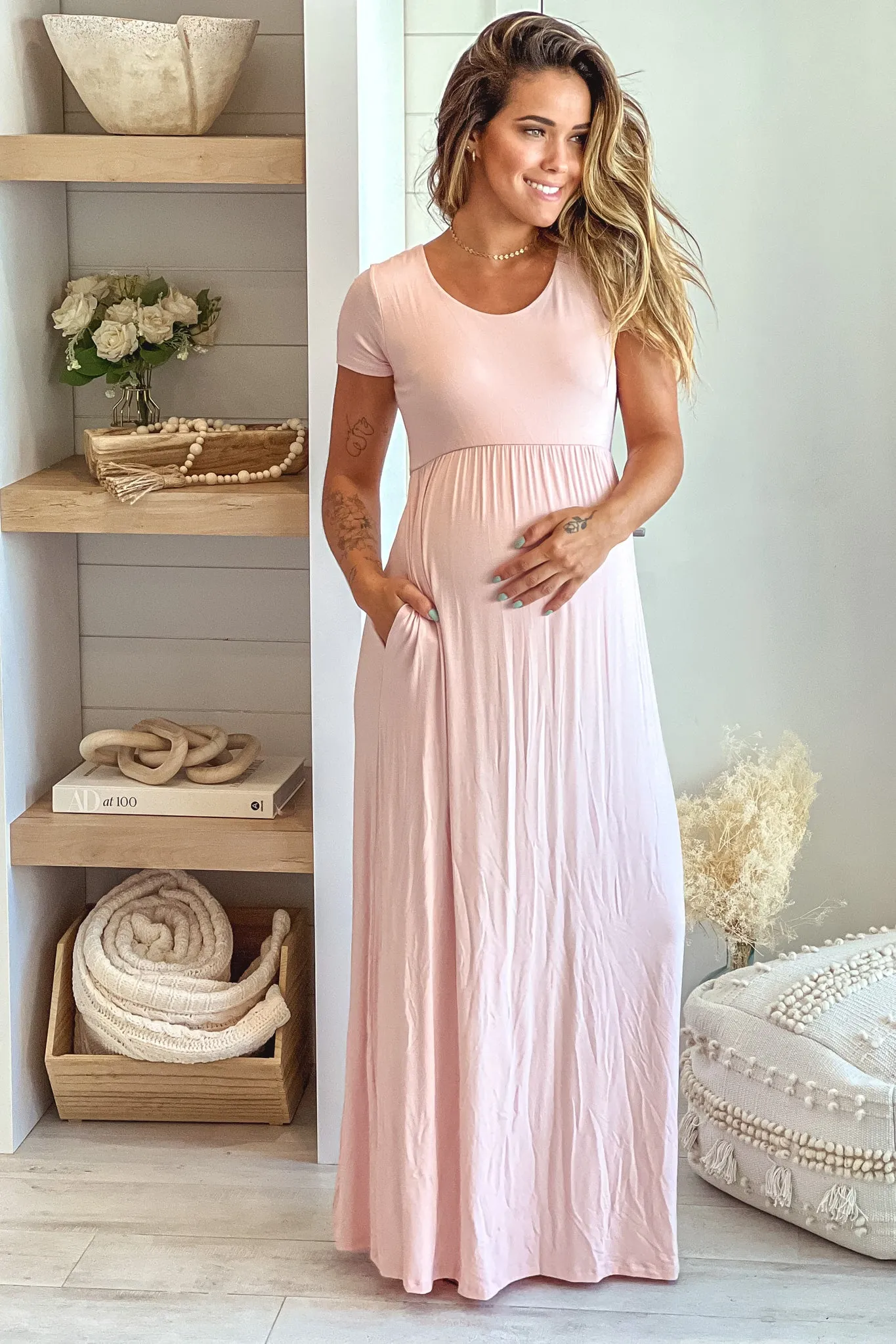 Blush Maternity Maxi Dress with Short Sleeves