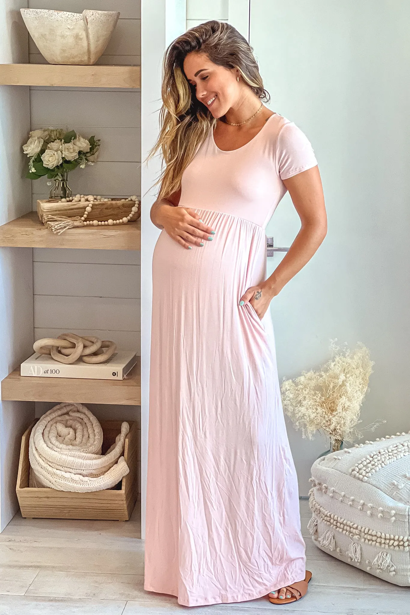 Blush Maternity Maxi Dress with Short Sleeves