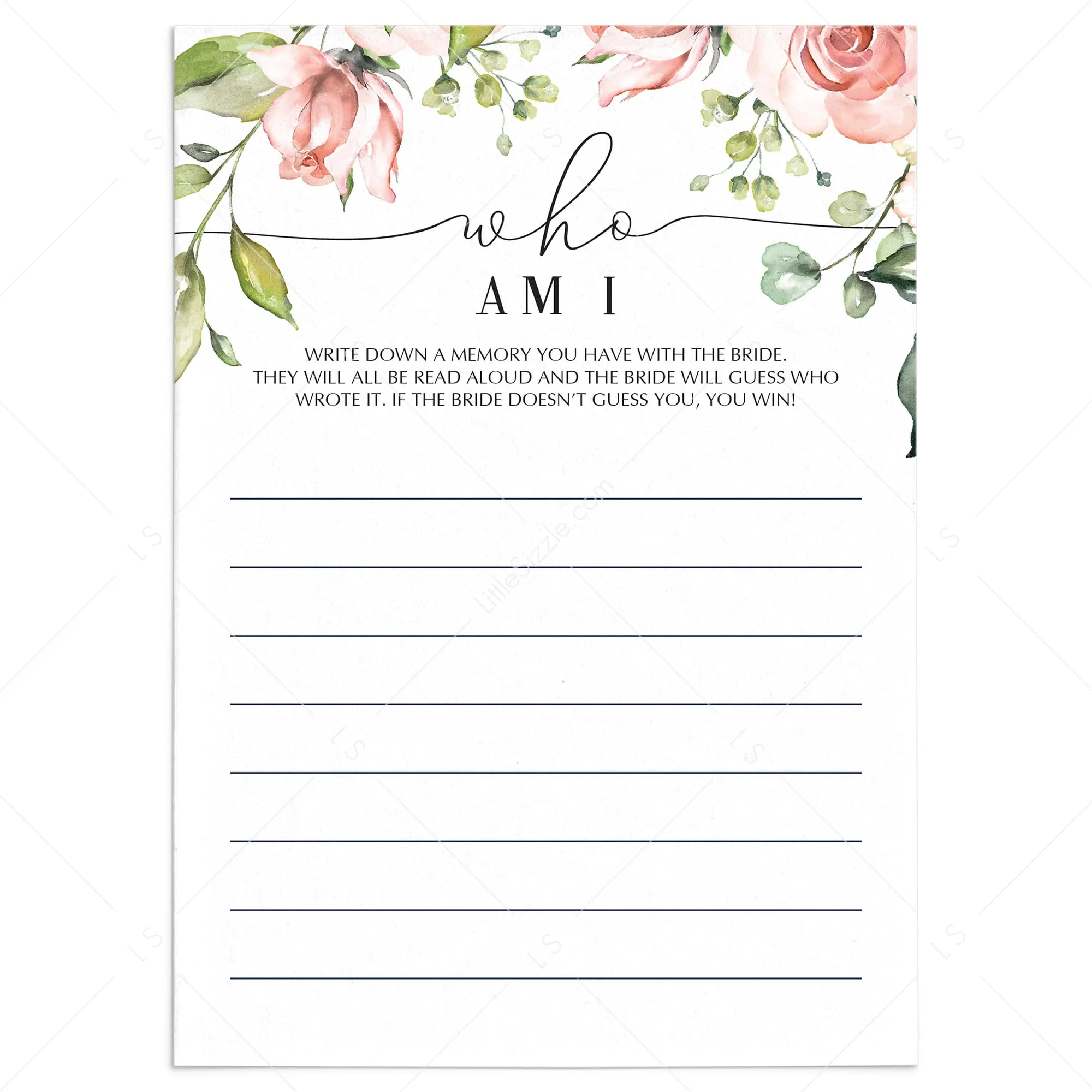 Blush Wedding Shower Who Am I Game Printable