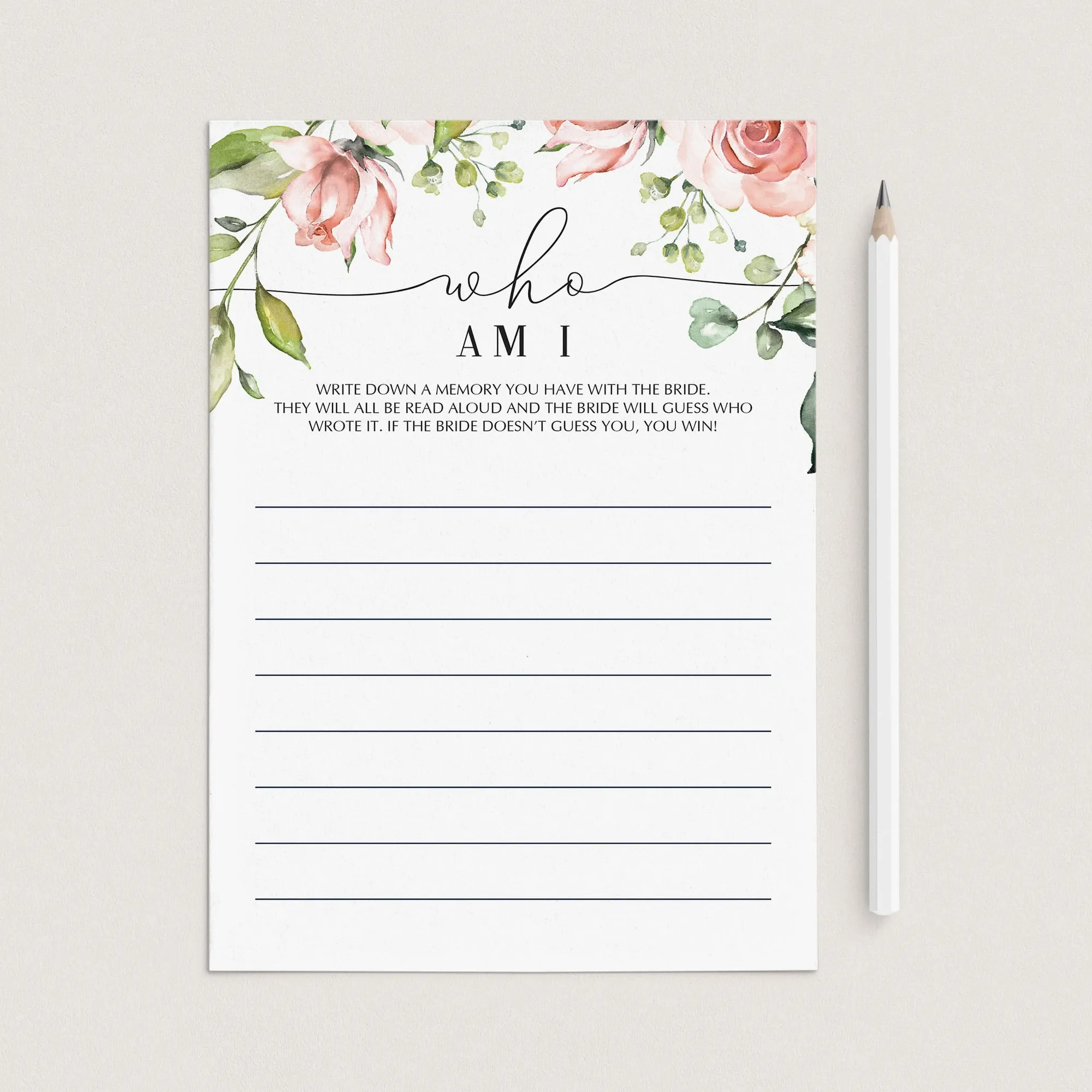 Blush Wedding Shower Who Am I Game Printable