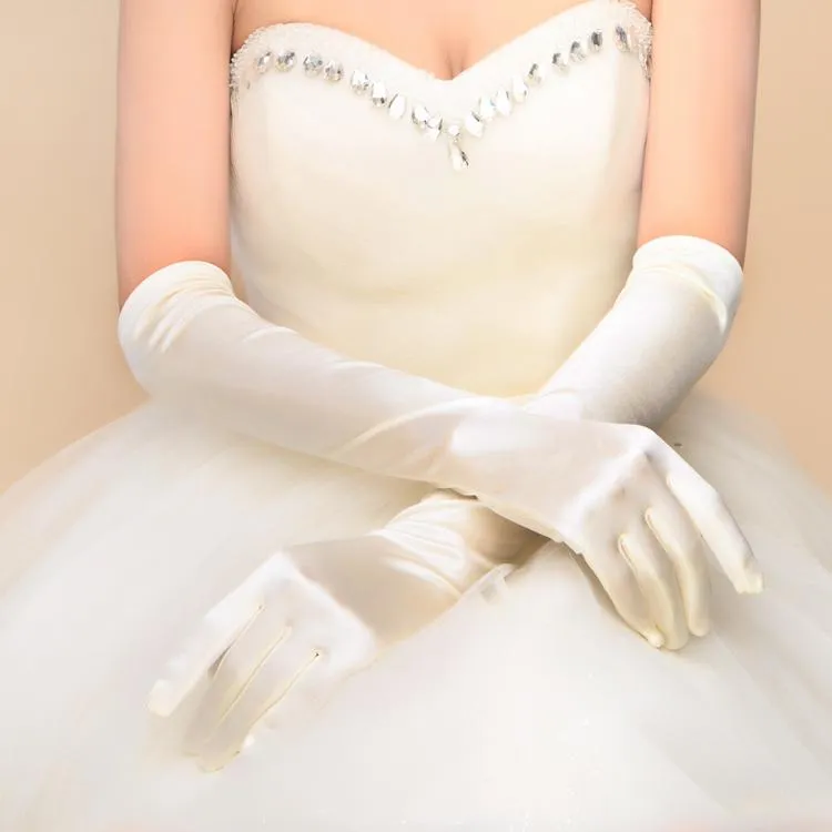 Bridal Black Gloves, Bridal Gloves, White Satin Long Full Finger Bridal Gloves, Wedding Gloves, Wedding Accessory, TYP0553