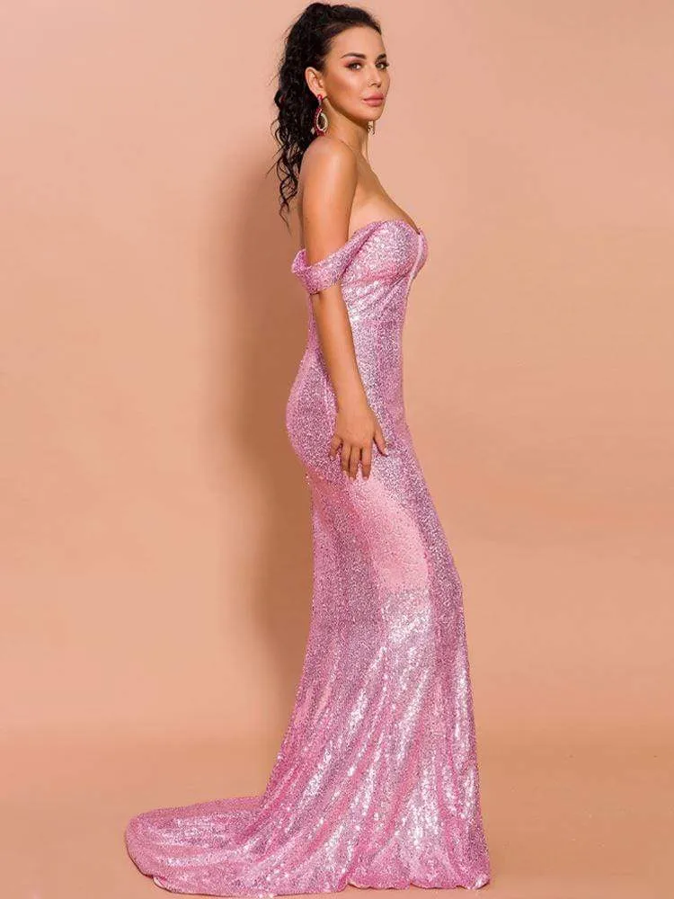 Bright Pink Off Shoulder Sweetheart Sequin Prom Dress