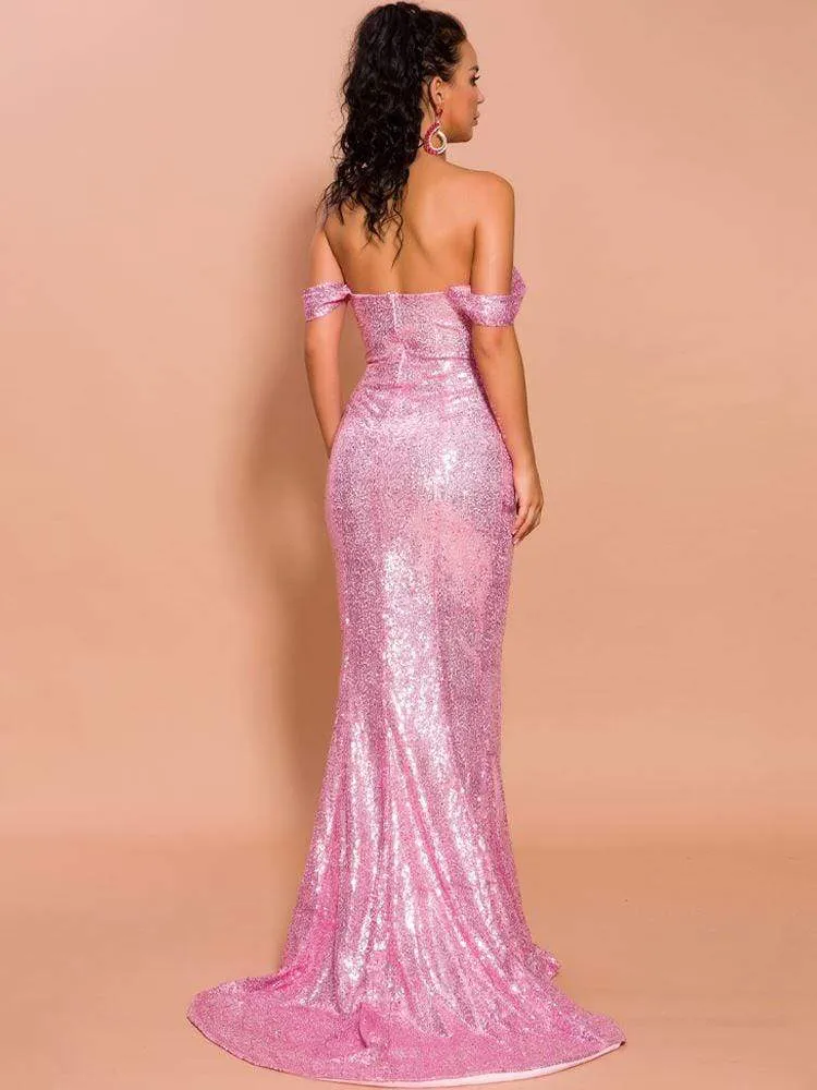 Bright Pink Off Shoulder Sweetheart Sequin Prom Dress