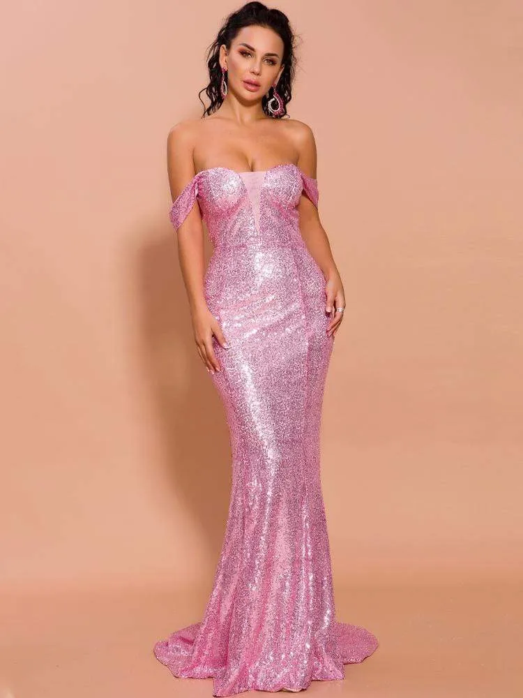 Bright Pink Off Shoulder Sweetheart Sequin Prom Dress