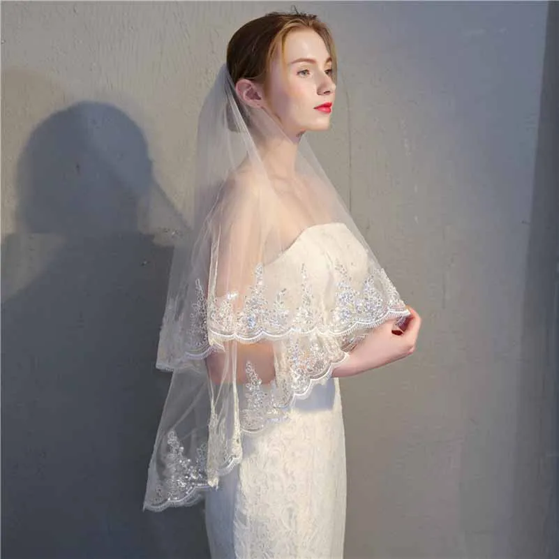 Charming 2 Layer Tulle With Lace Wedding Veils