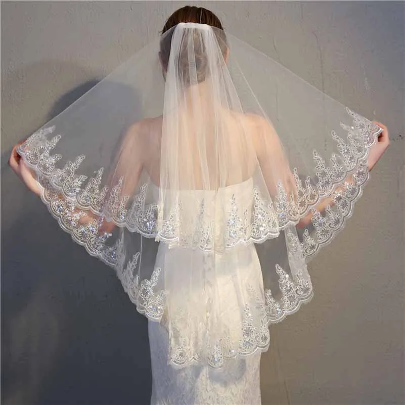 Charming 2 Layer Tulle With Lace Wedding Veils