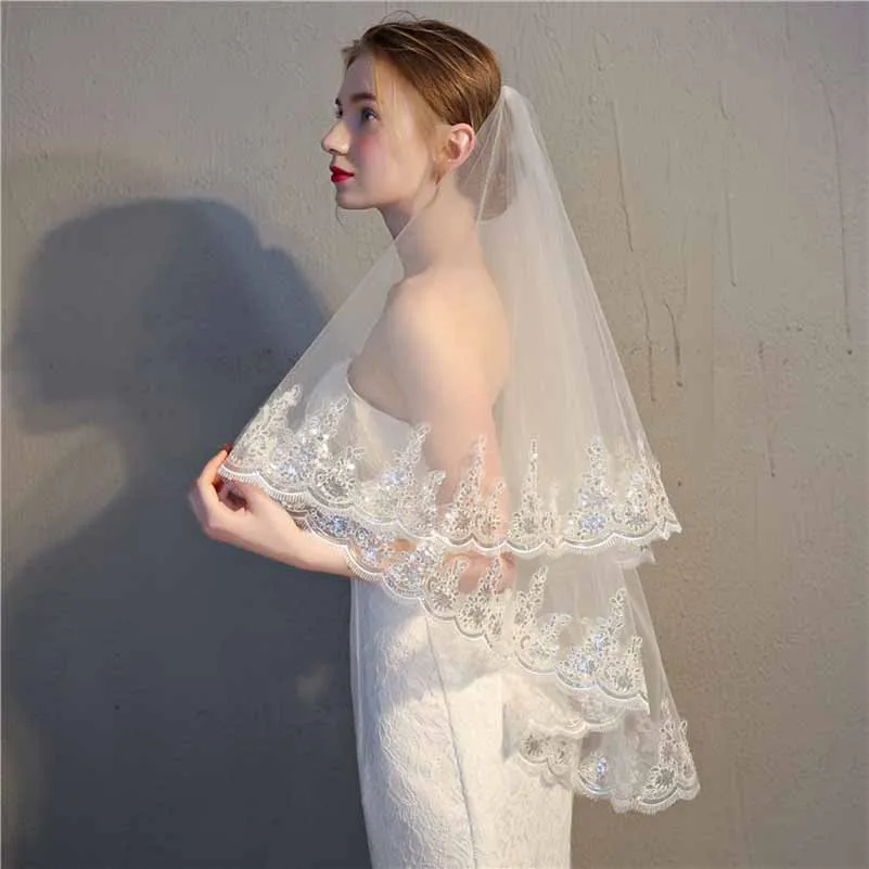 Charming 2 Layer Tulle With Lace Wedding Veils