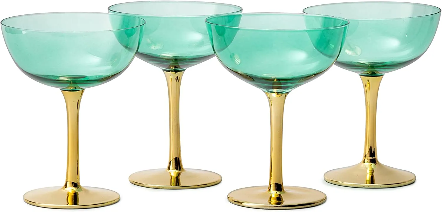 Colored Coupe Art Deco Glasses, Gold | Set of 4 | 12 oz