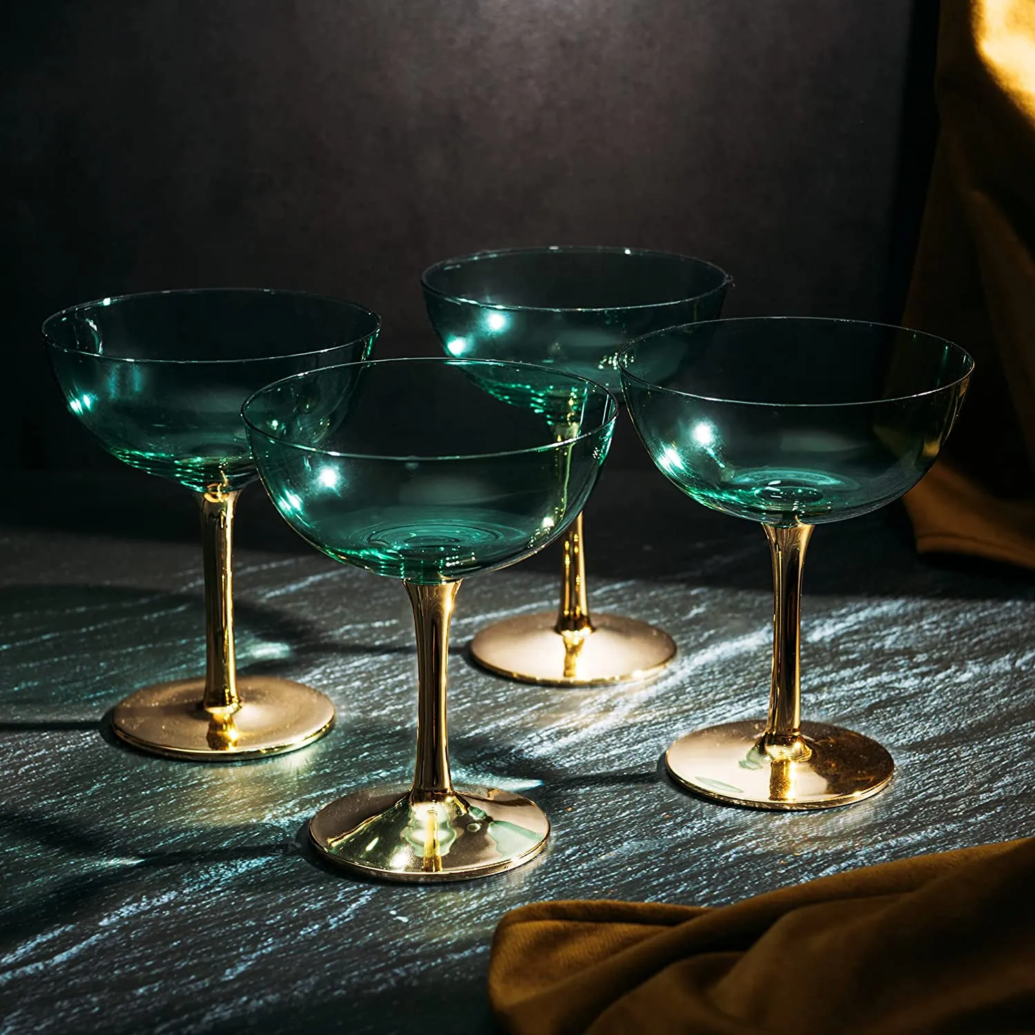 Colored Coupe Art Deco Glasses, Gold | Set of 4 | 12 oz