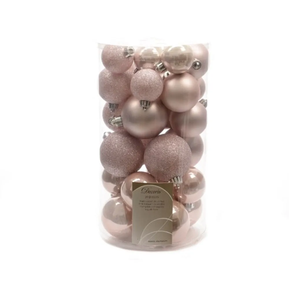 Decoris Shatterproof Baubles Tube of 30 Pieces Mixed Sizes - Blush Pink