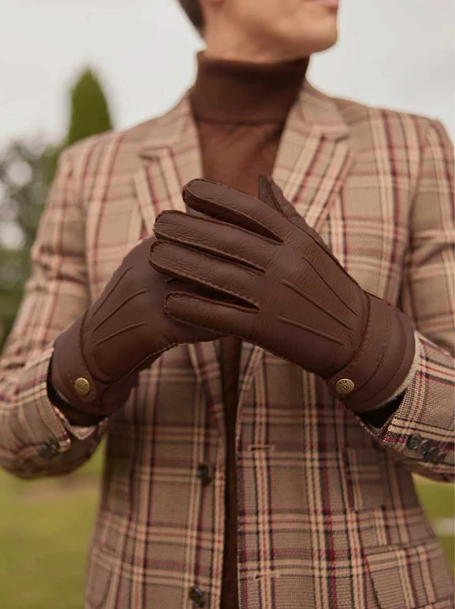 Dents - Brown Hand-sewn Three-Point Cashmere-Lined Deerskin Leather Gloves with Cashmere Cuffs