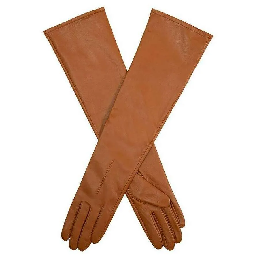 Dents Mia Single-Point Long Above-Elbow Lined Leather Gloves - Cognac Tan