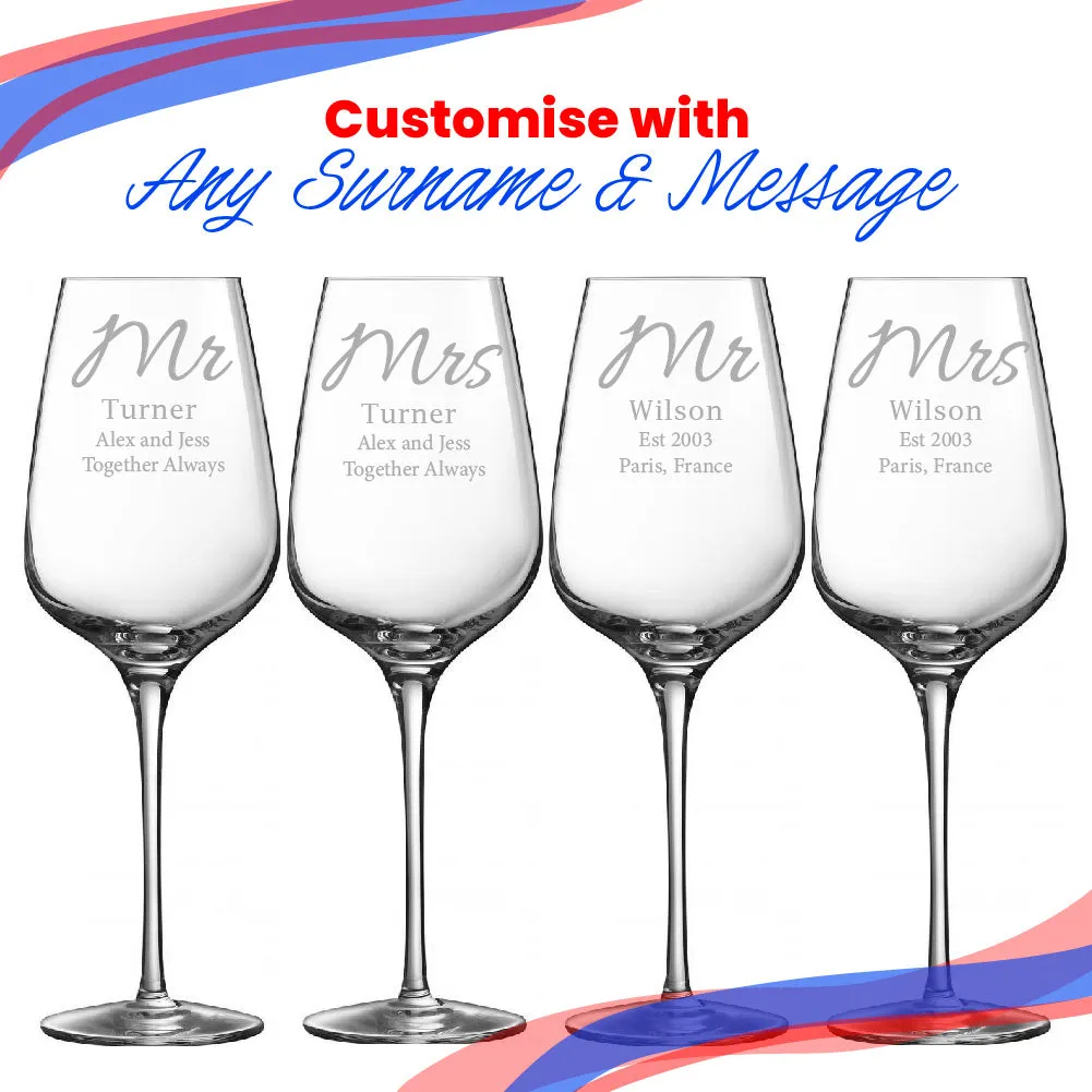 Engraved Mr and Mrs Sublym Wine Glasses, 15.8oz/450ml, Elegant Font