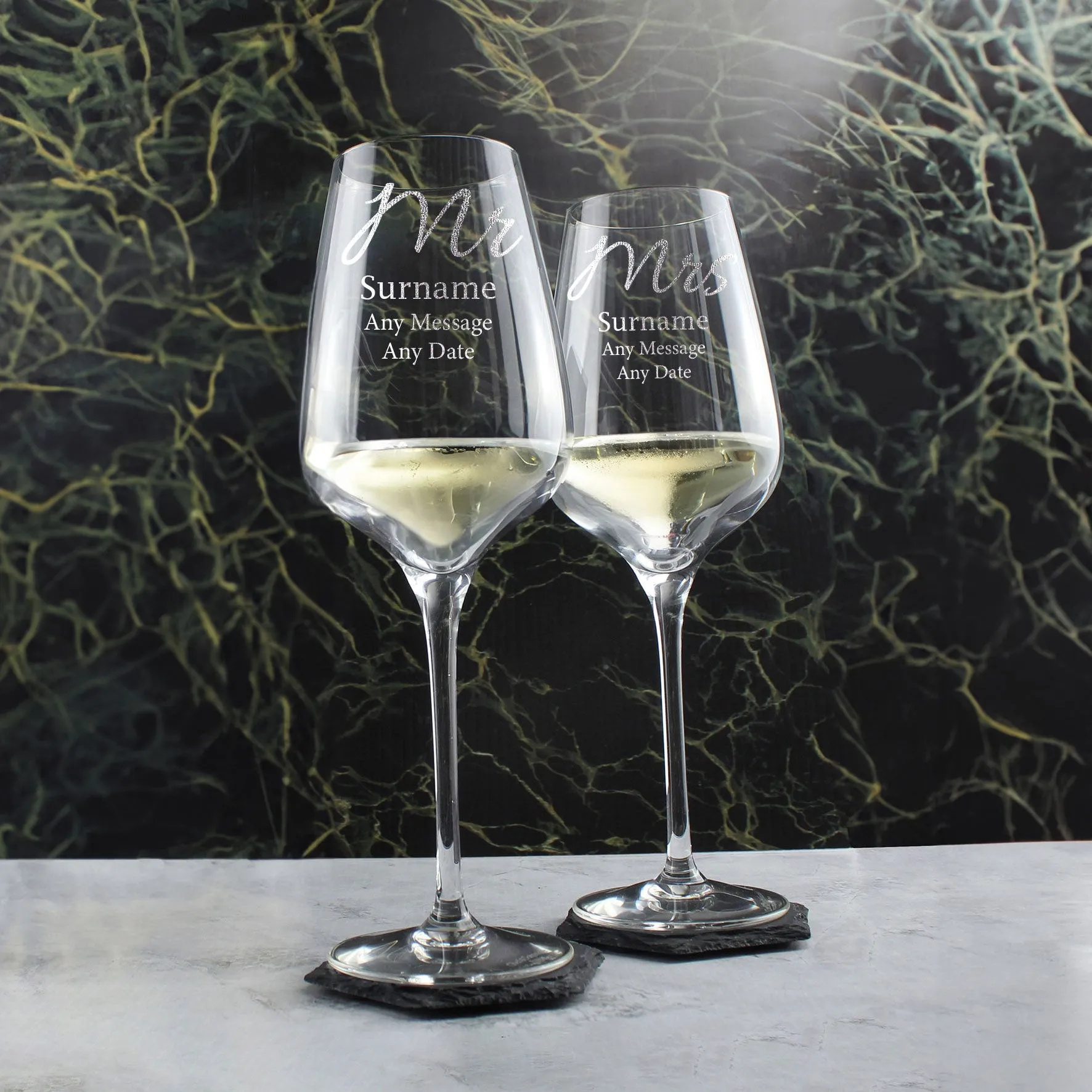 Engraved Mr and Mrs Sublym Wine Glasses, 15.8oz/450ml, Elegant Font