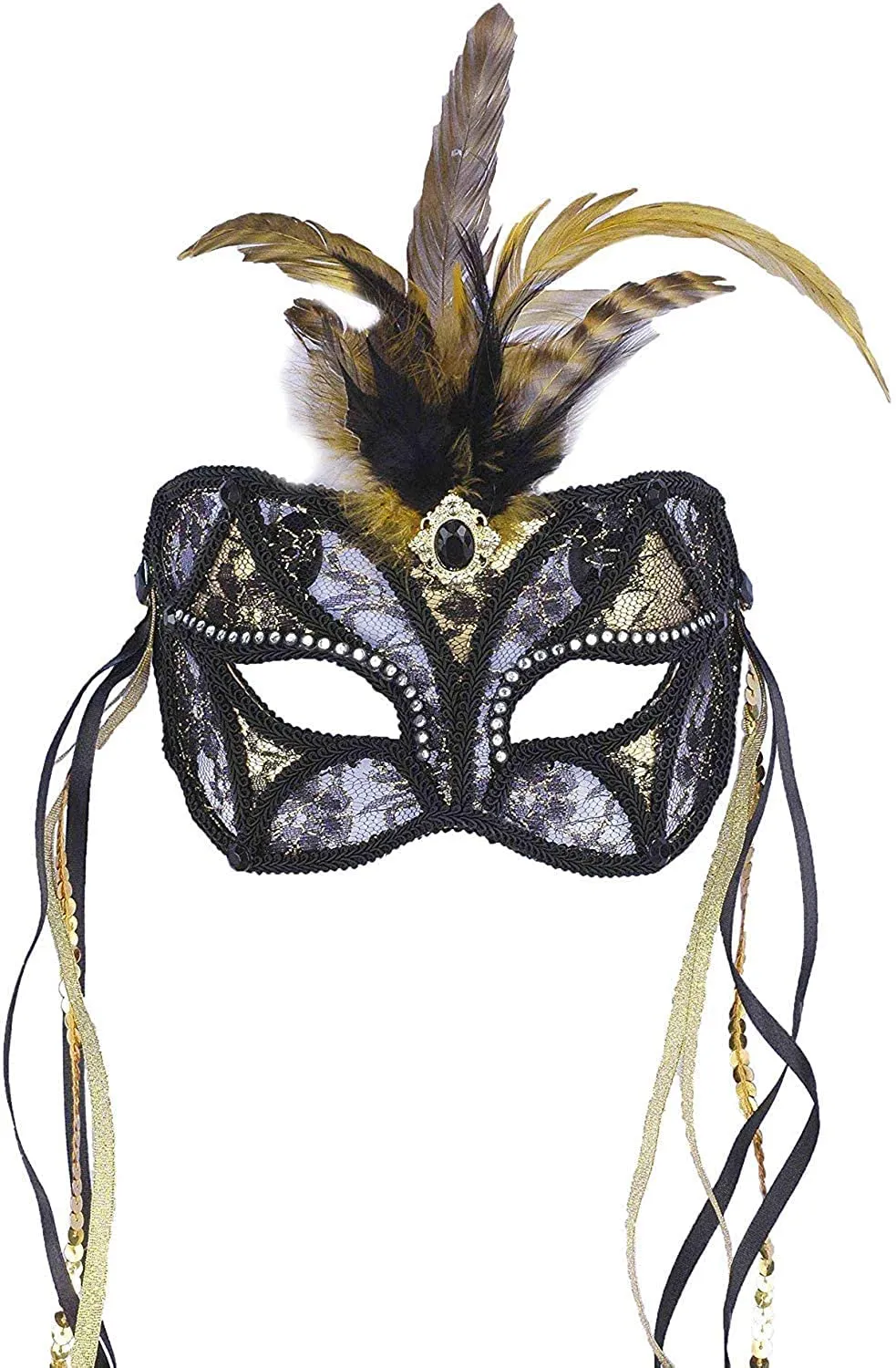 Forum Novelties Black & Gold Lace Mask with Feathers