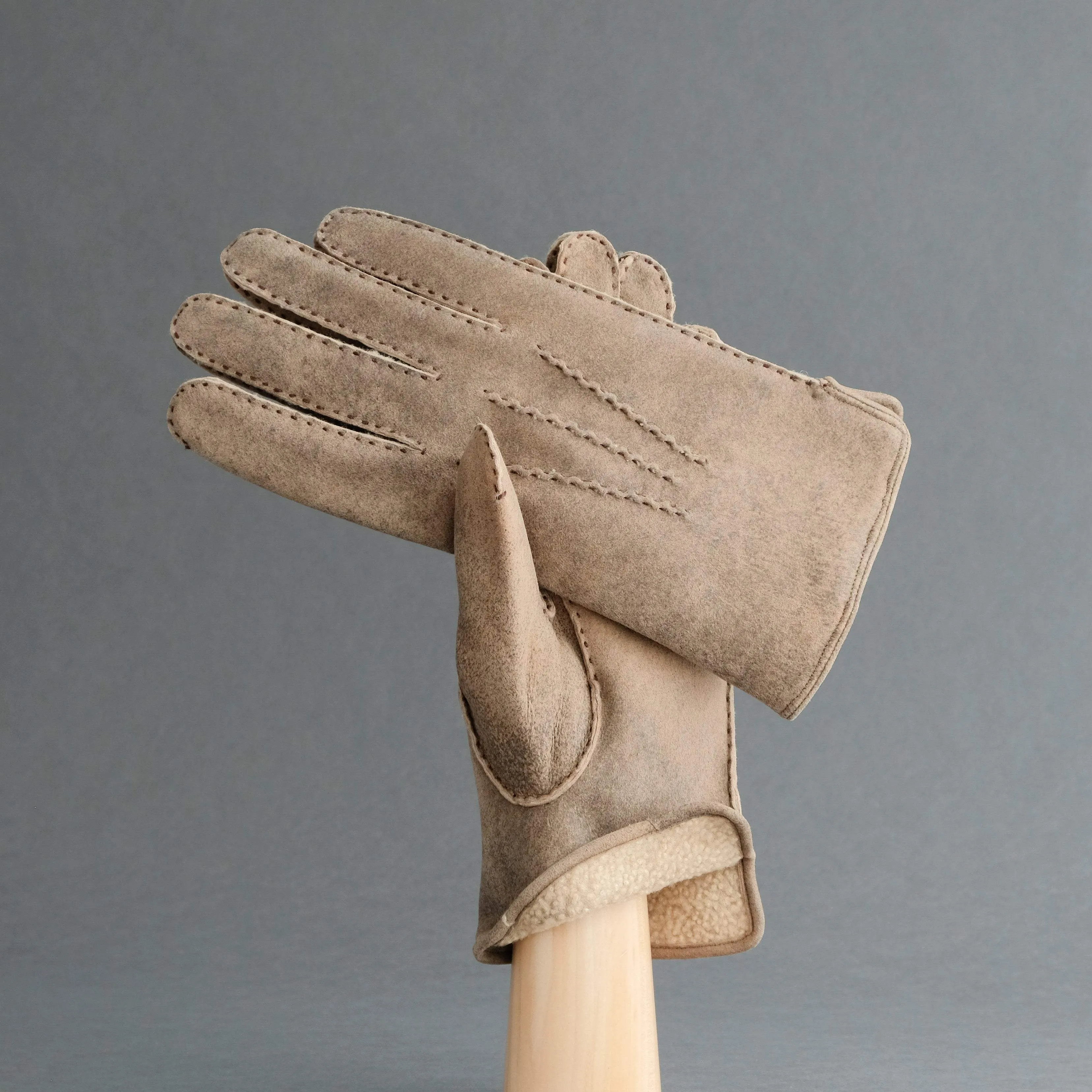 Gentlemen's Hand Sewn Gloves From Antique Brown Curly Lambskin