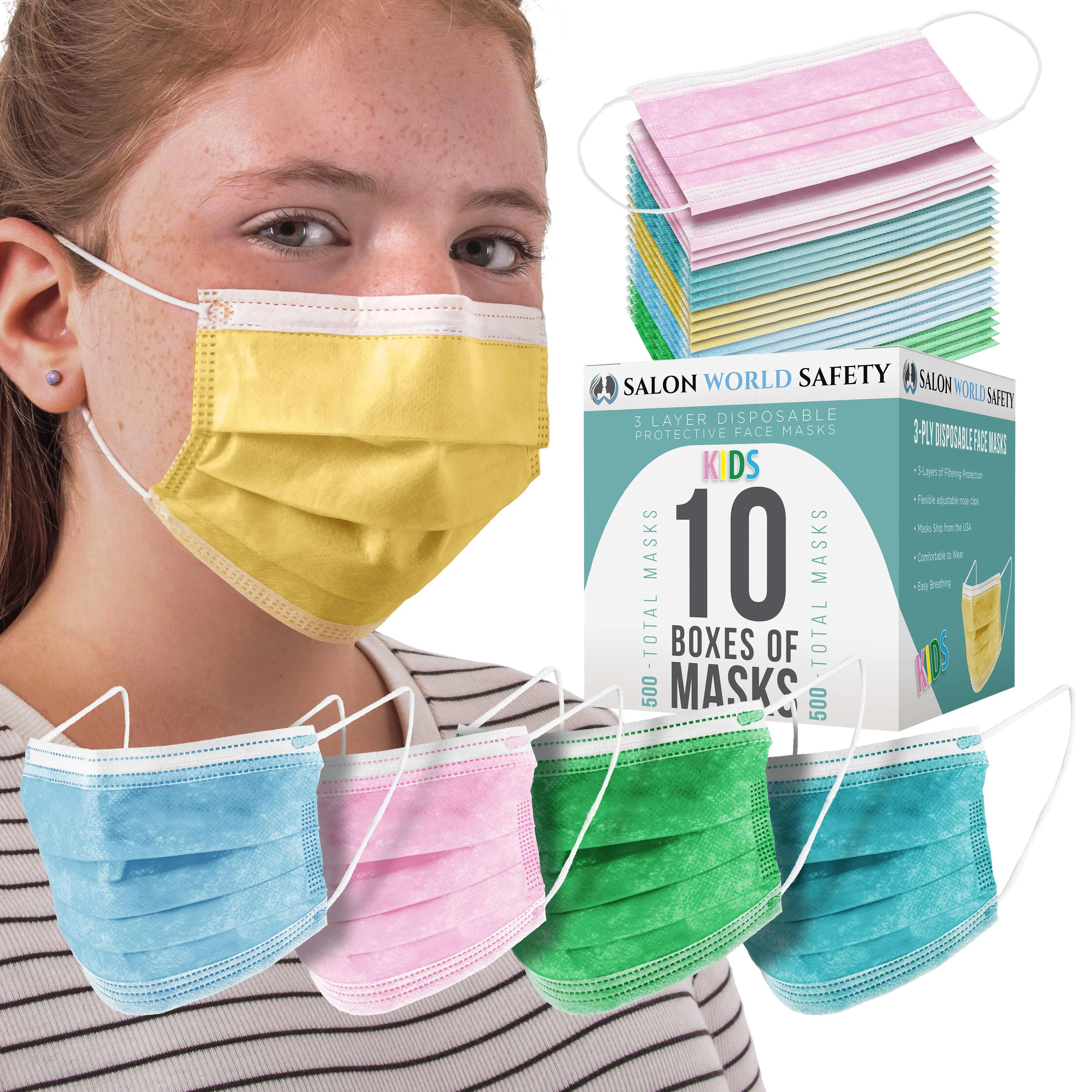 Kids Masks - Bulk 10 Boxes (500 Masks) in Sealed Dispenser Boxes of 50 - 5 Colors, 100 Each - 3 Layer Disposable Protective Children's Face Masks