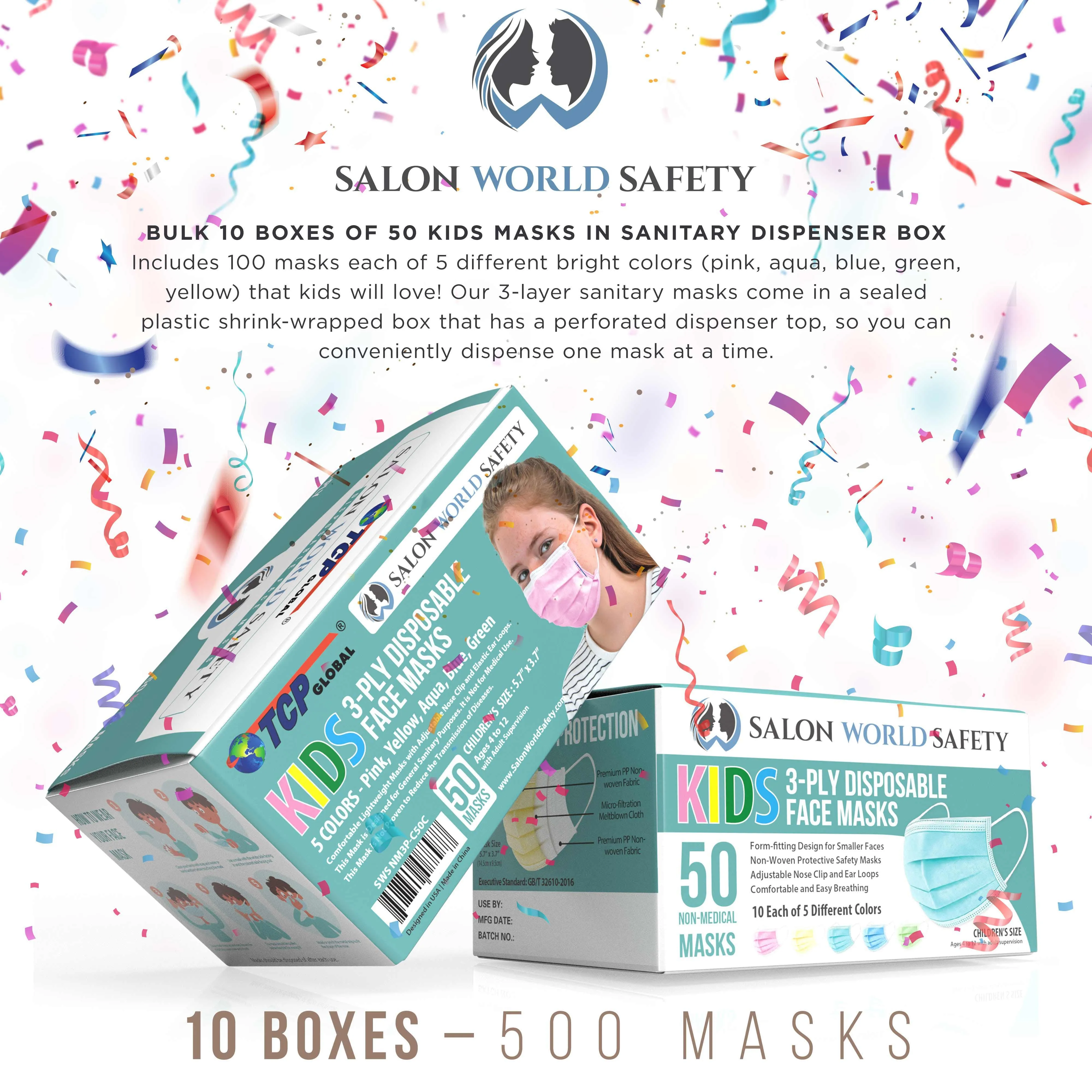 Kids Masks - Bulk 10 Boxes (500 Masks) in Sealed Dispenser Boxes of 50 - 5 Colors, 100 Each - 3 Layer Disposable Protective Children's Face Masks