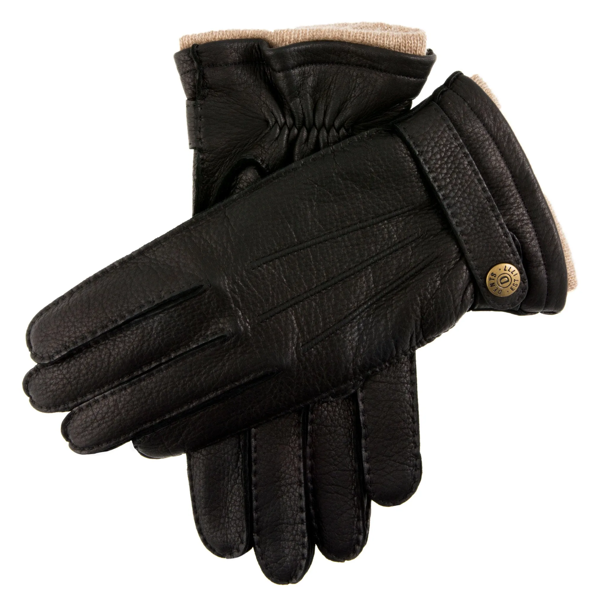 Men's Handsewn Three-Point Cashmere-Lined Deerskin Leather Gloves with Cashmere Cuffs