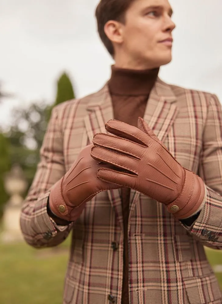 Men's Handsewn Three-Point Cashmere-Lined Deerskin Leather Gloves with Cashmere Cuffs