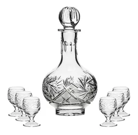 Set of 16 Oz. Crystal Decanter and Six 1.5 Oz. Vodka Shot Glasses, Hand-Made Crystal