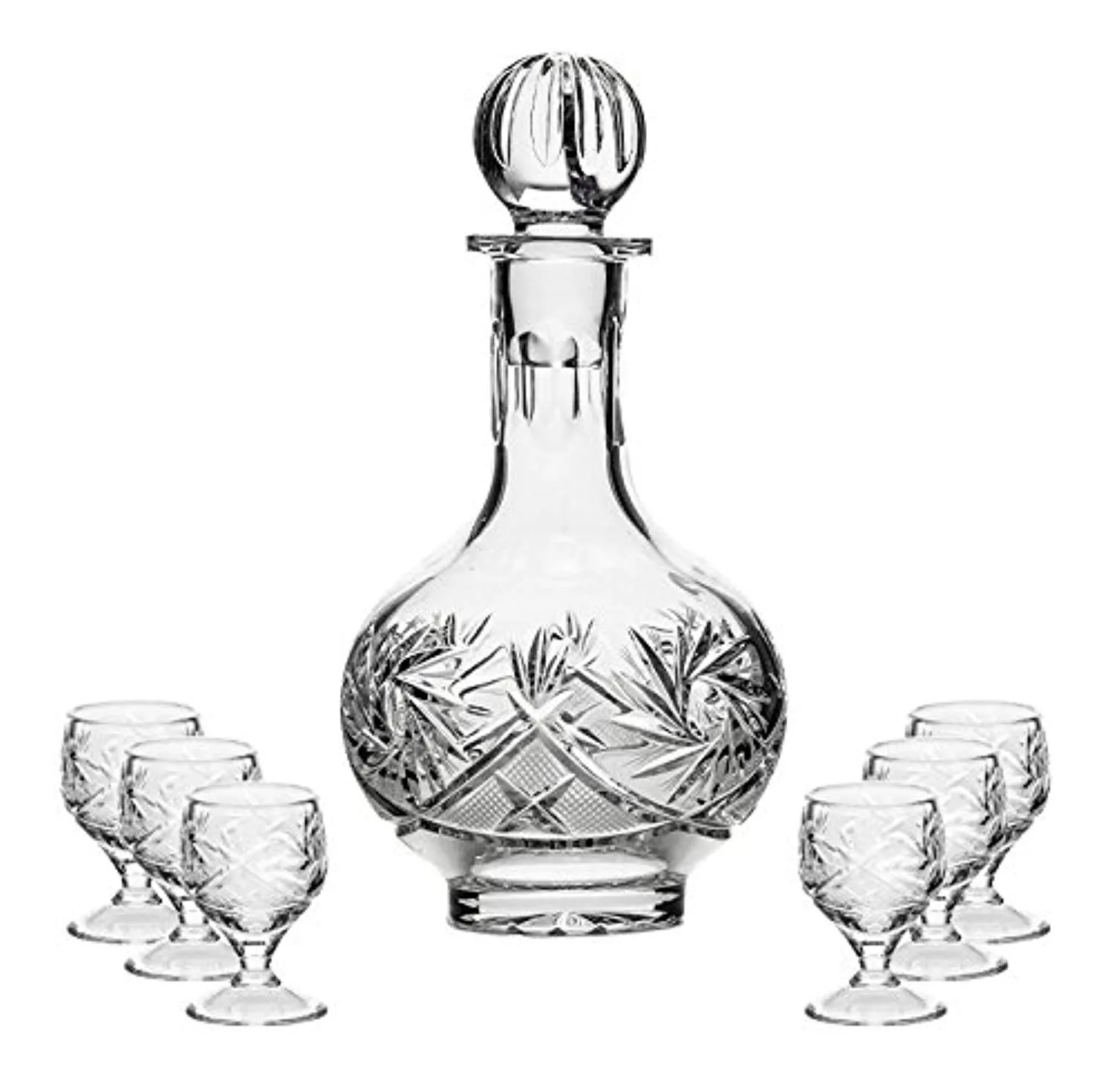 Set of 16 Oz. Crystal Decanter and Six 1.5 Oz. Vodka Shot Glasses, Hand-Made Crystal