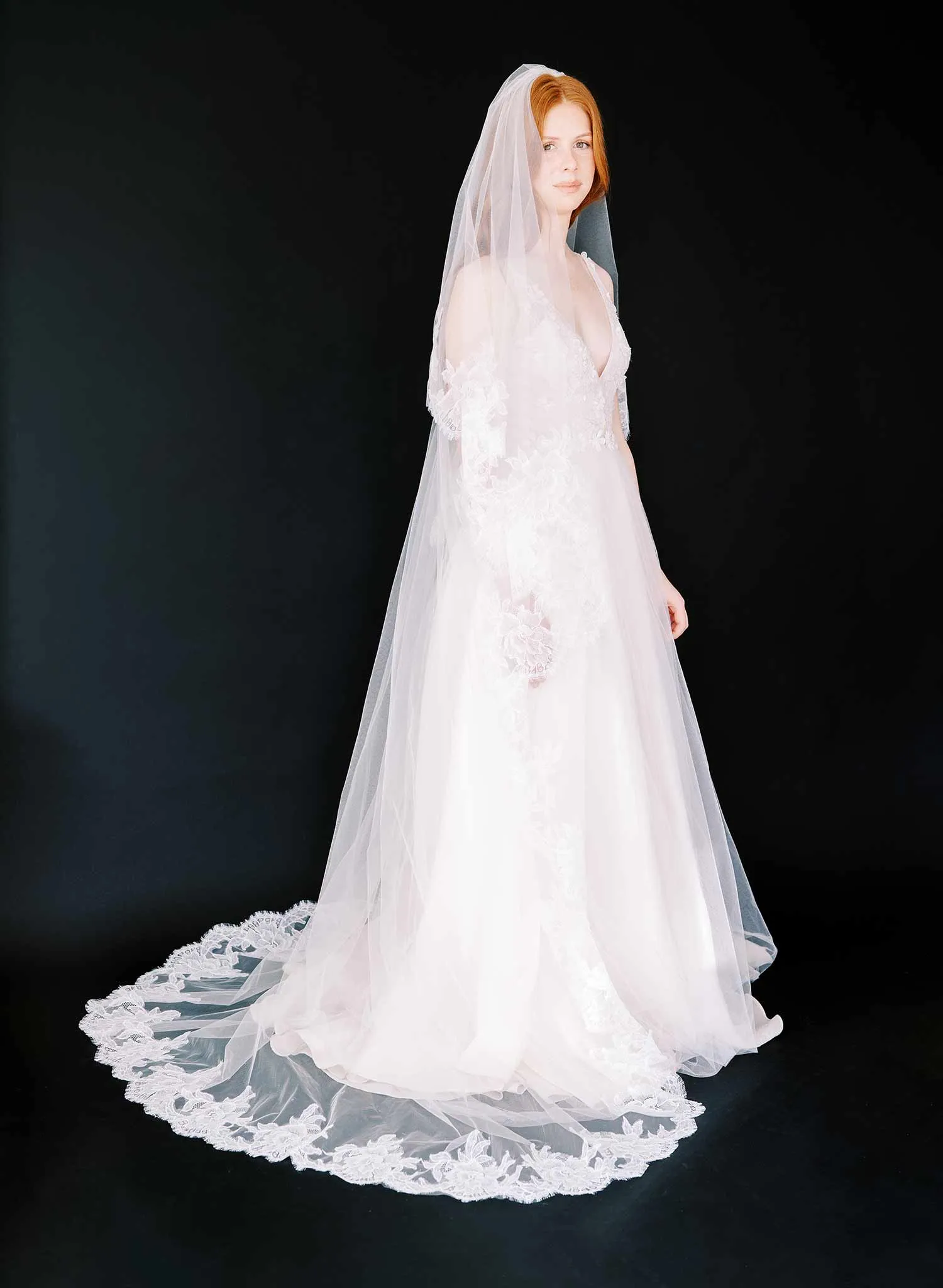 Sheer florals French lace veil with blusher - Style #2458