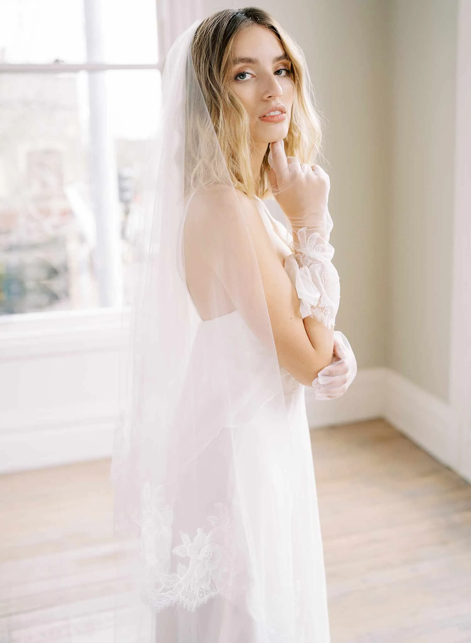 Sheer florals French lace veil with blusher - Style #2458