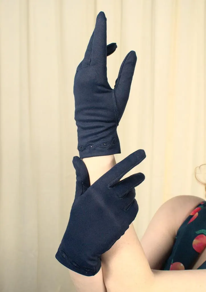 Short Navy Embroidered Gloves