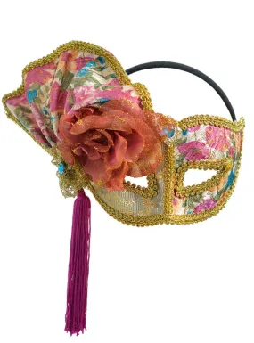 Side Fan Pink and Orange Brocade Masquerade Mask on Headband