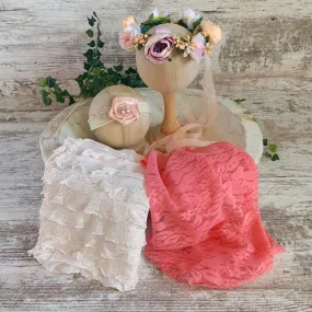 STUDIO SET Blush Gold Ruffle Baby Wrap, Floral Newborn to Toddler Halo Crown, Coral Stretch Lace Newborn Wrap, Blush Gold Leaf Flower Headband