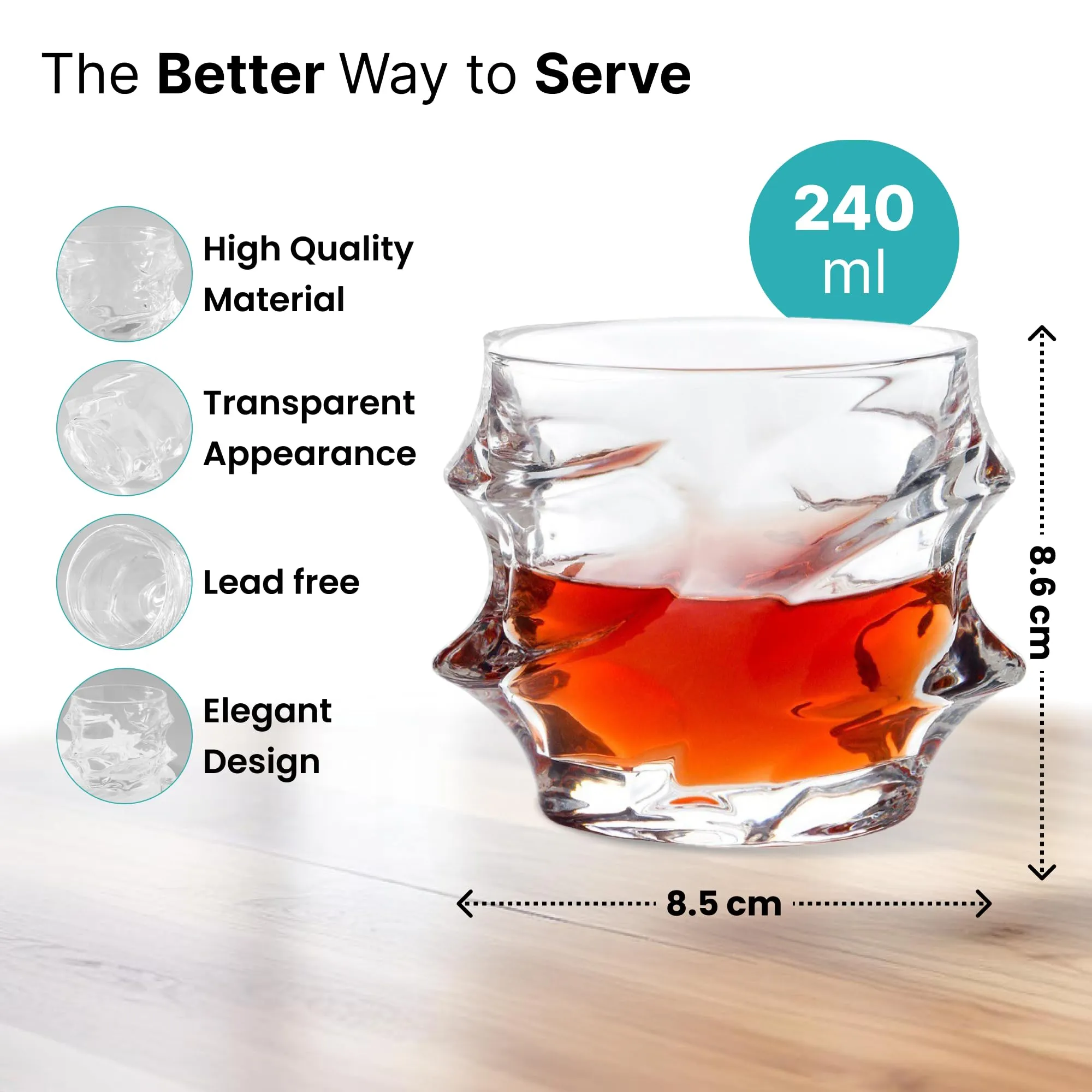 The Better Home Zest Whiskey Glasses Set of 2 (240ml Each) | Lead Free Whiskey Glass | Crystal Glass for Bar Home | Glass for Drinks | Cocktail Glasses | Highball Glass | Heavy Bottom Drinking Glass