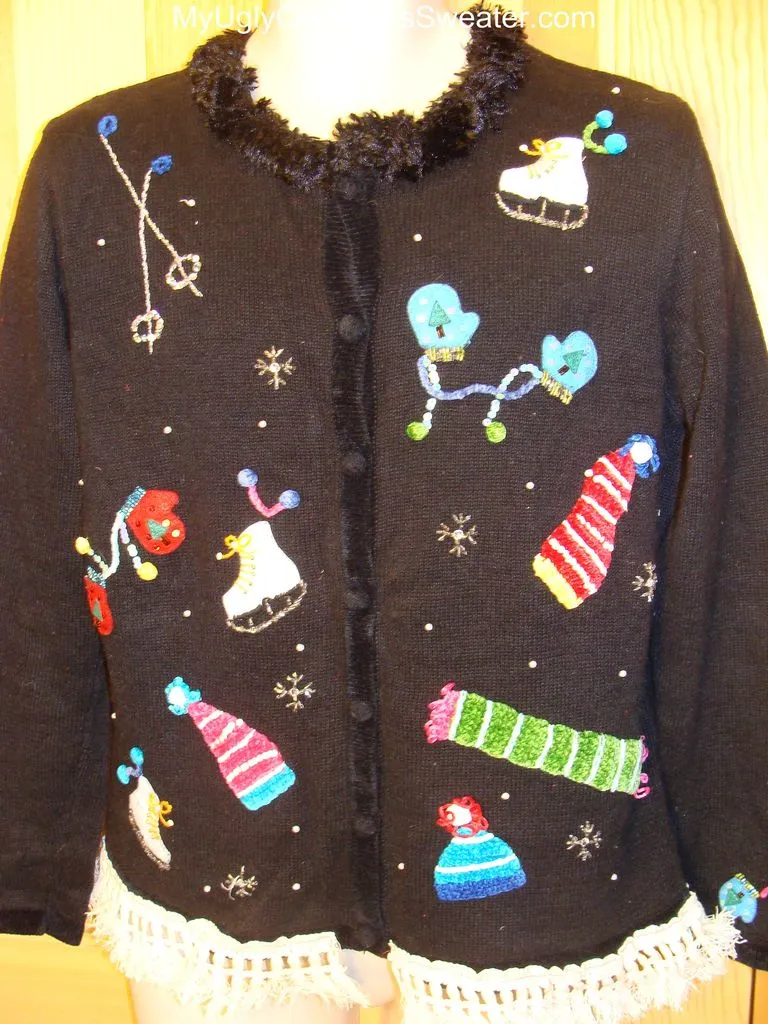 Ugly Christmas Sweater with Skates Stocking Caps and Ski Poles