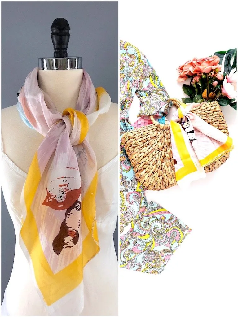 Vintage Silk Scarf with Pastels Seashells Print