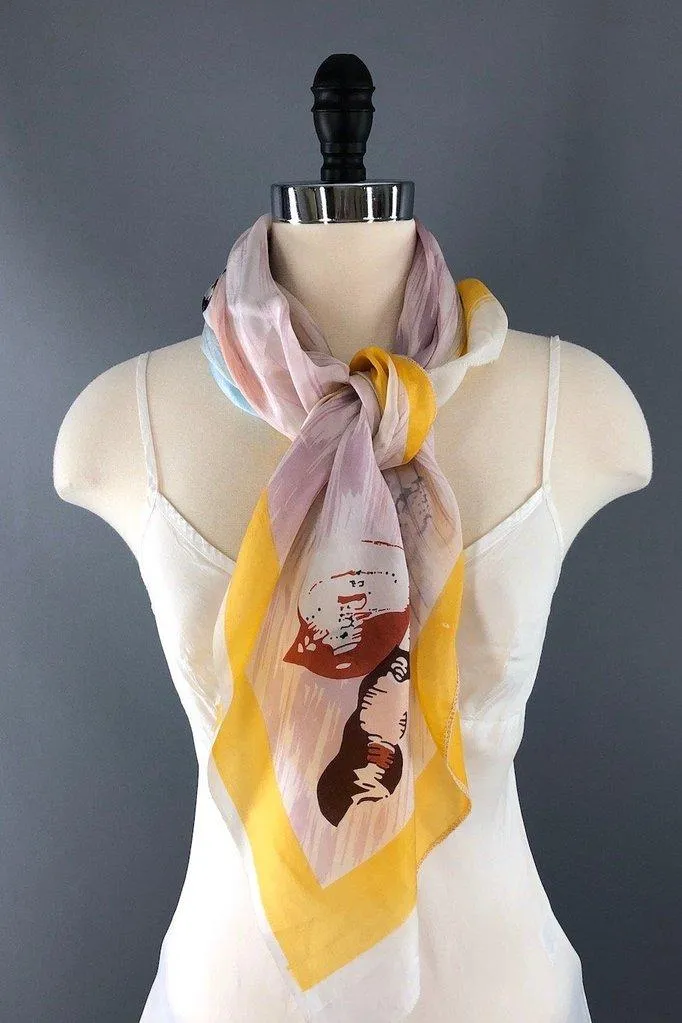 Vintage Silk Scarf with Pastels Seashells Print