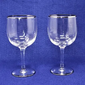 Wine Glasses, Ribbed Bowl Silver Rim, MCM, Set of 2, Vintage