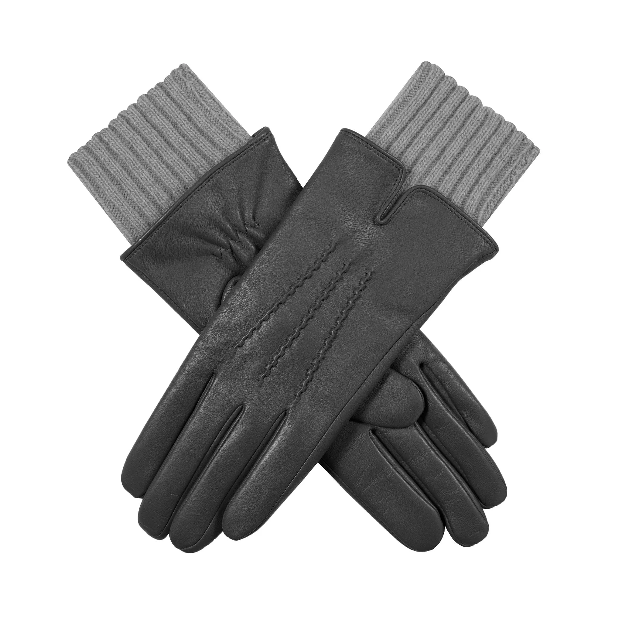 Women’s Three-Point Wool Blend-Lined Leather Gloves with Knitted Cuffs