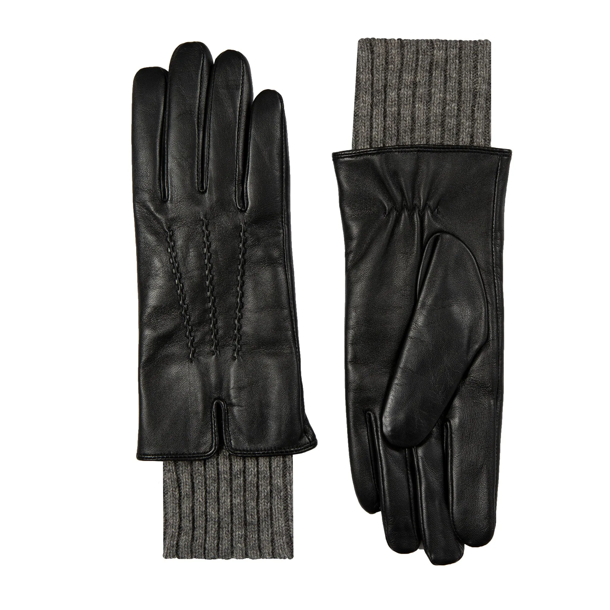 Women’s Three-Point Wool Blend-Lined Leather Gloves with Knitted Cuffs