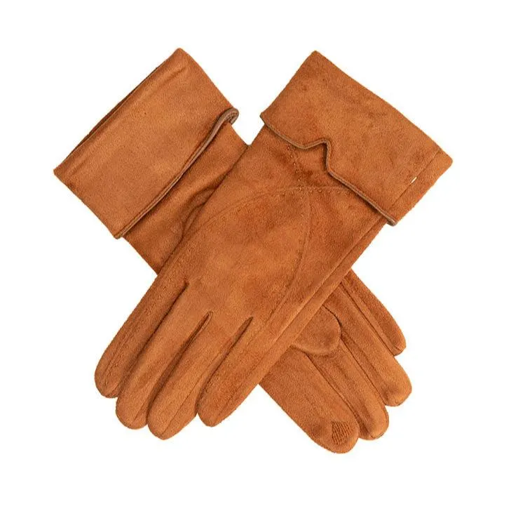 Women’s Touchscreen Velour-Lined Faux Suede Gloves with Embroidery