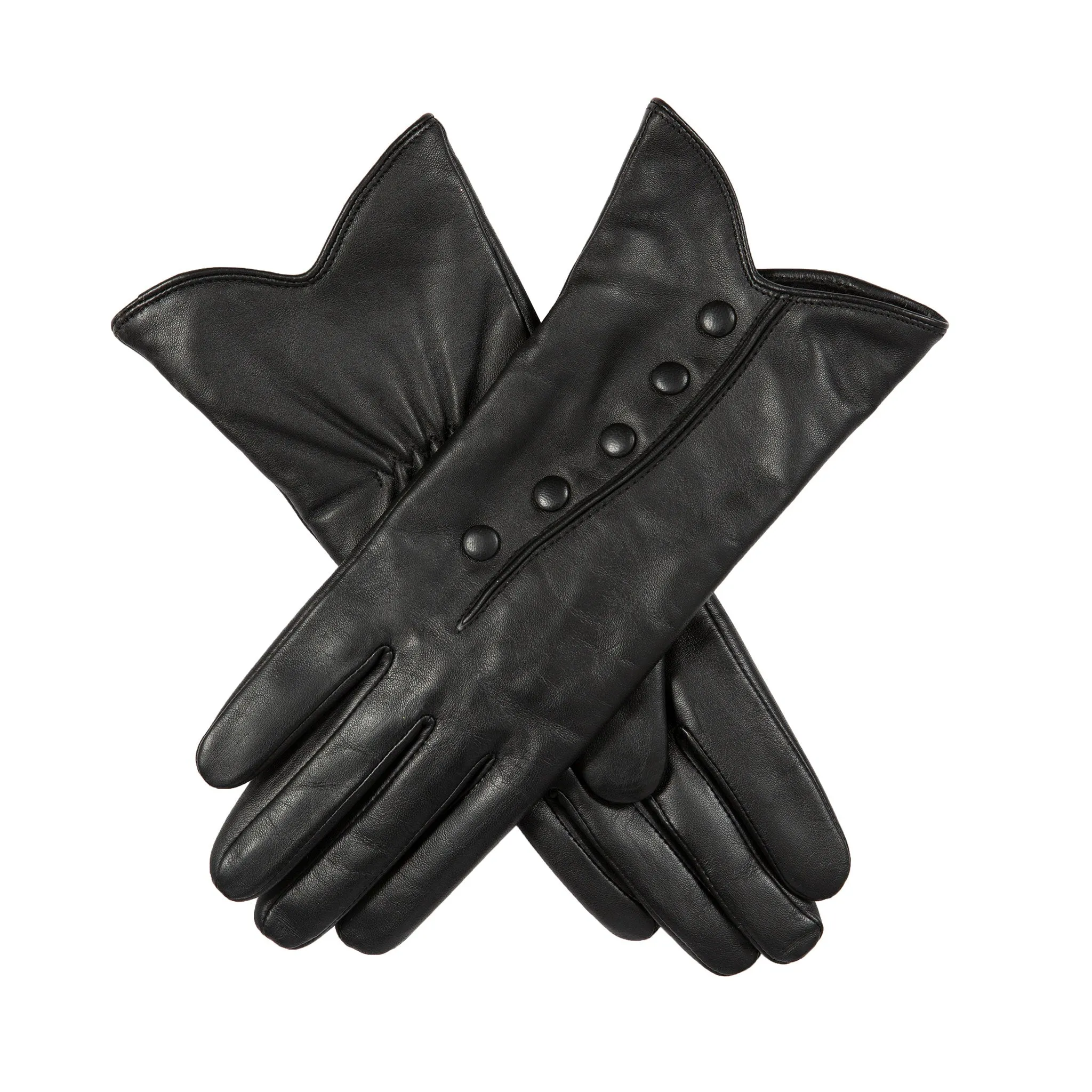 Women’s Wool-Lined Leather Gloves with Buttons and Piping