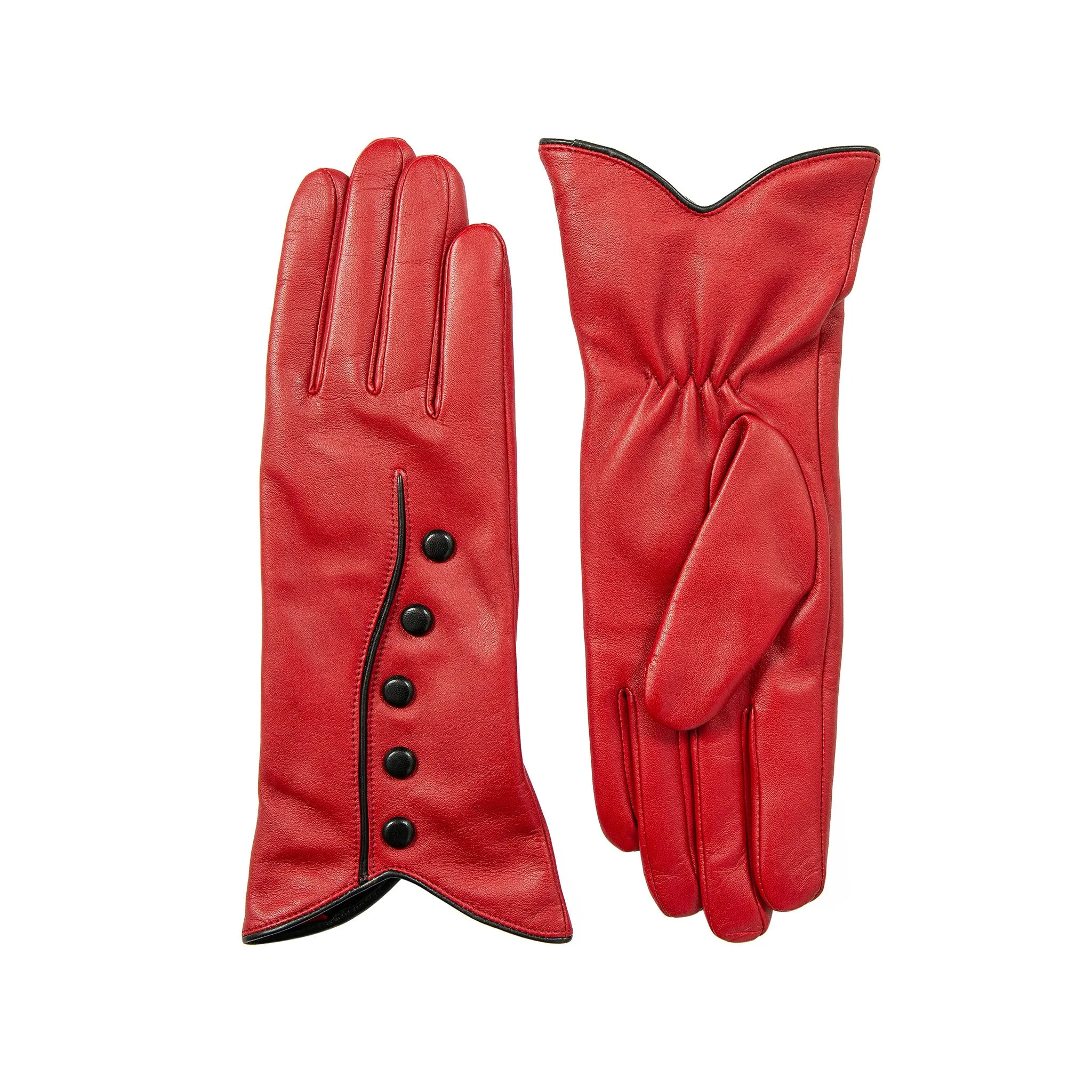 Women’s Wool-Lined Leather Gloves with Buttons and Piping