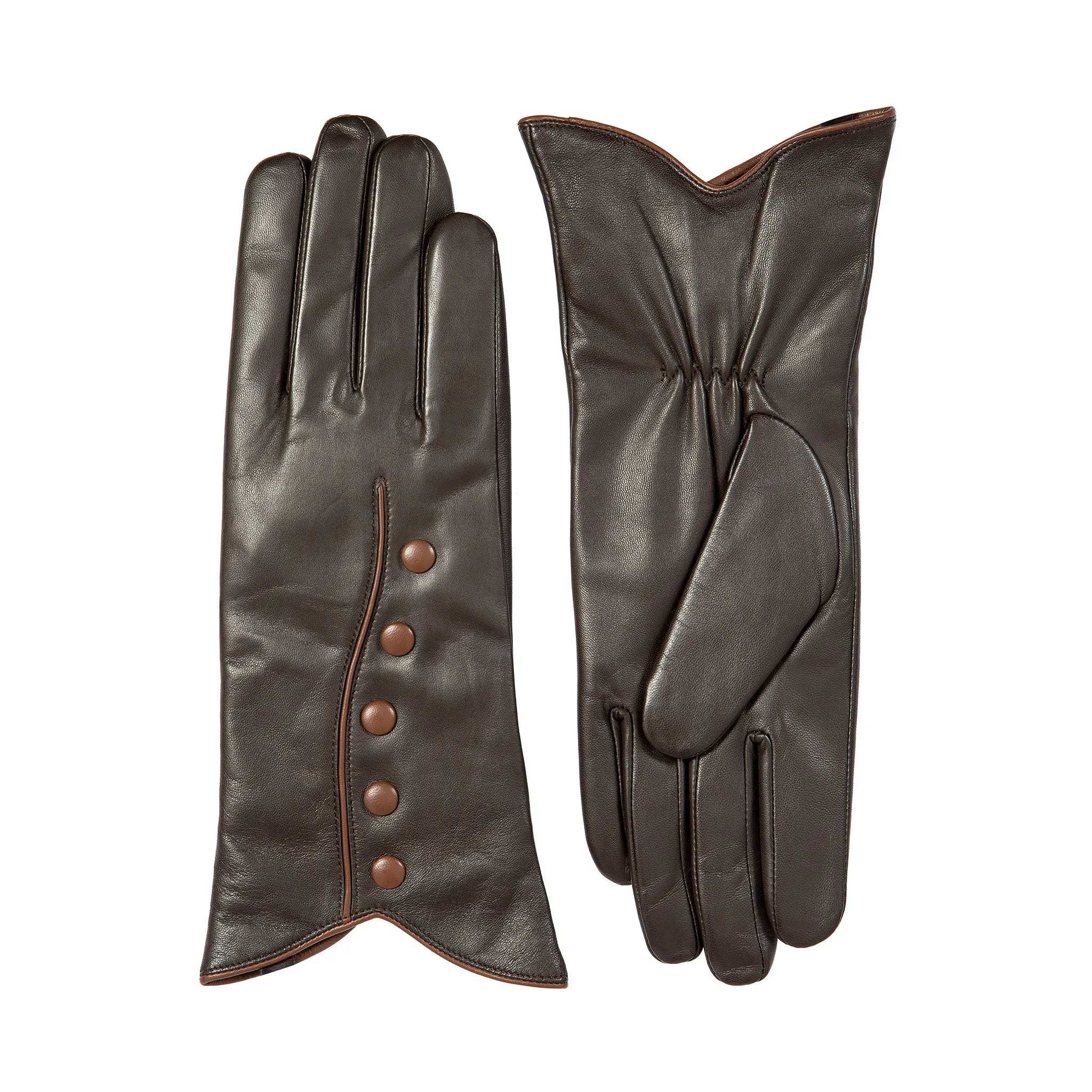 Women’s Wool-Lined Leather Gloves with Buttons and Piping